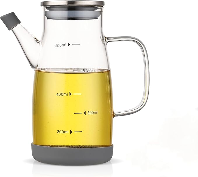 Glass Oil Dispenser Bottle - Glass Olive Oil Bottle for Kitchen, Wide Mouth Borosilicate Glass Cooking Oil Bottles with Lid and Handle (600ML)