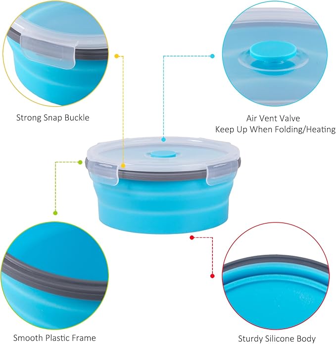 Collapsible Food Storage Containers with Airtight Lid, 27 oz, Kitchen Stacking Silicone Collapsible Meal Prep Container Set for Leftover