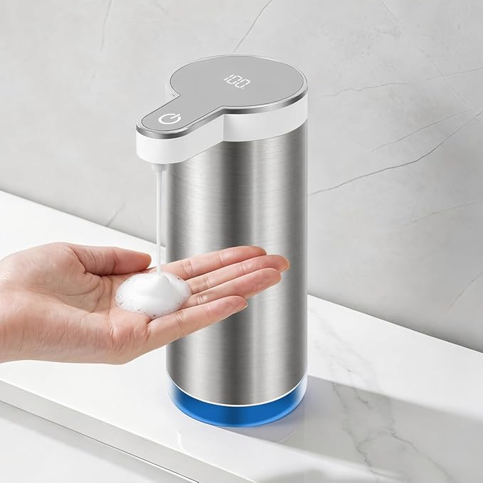 Automatic Foaming Soap Dispenser, 11.8 oz Stainless Steel Touchless Soap Dispenser with Digital Display for Bathroom & Kitchen,4-Level Adjustable Dispensing, IPX5 Waterproof