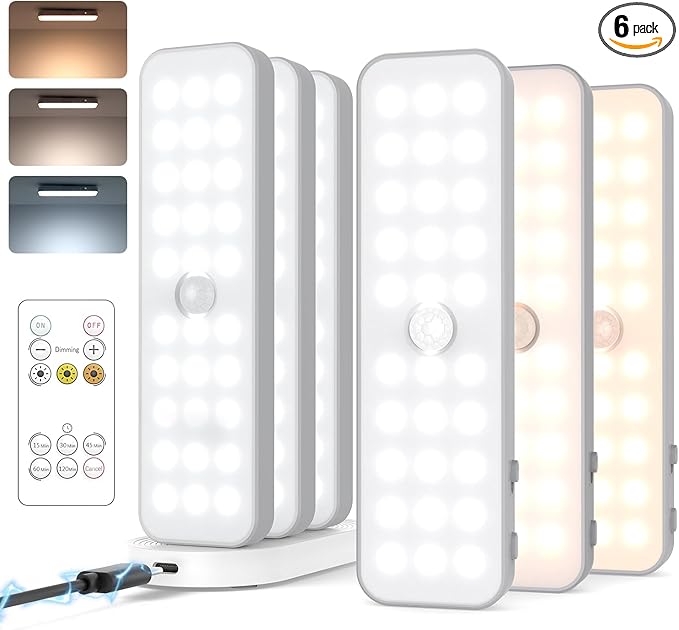 6 Pack Under Cabinet Lighting Wireless with Charging Station, Small 6'' Led Rechargeable Motion Sensor Light Indoor, 3CCT Dimmable Closet Light, Under Counter Light for Pantry, Bookshelf, Stair