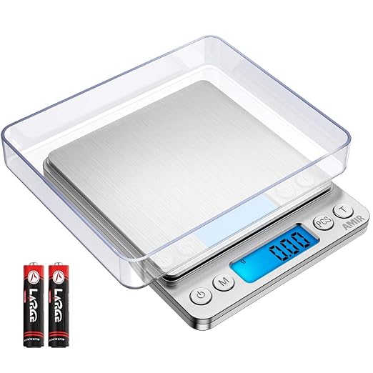 (Upgraded) AMIR Digital Kitchen Scale, 500g Mini Pocket Jewelry Scale, Food Scale, Coffee Scale, Back-Lit LCD Display, 2 Trays, 6 Units, Auto Off