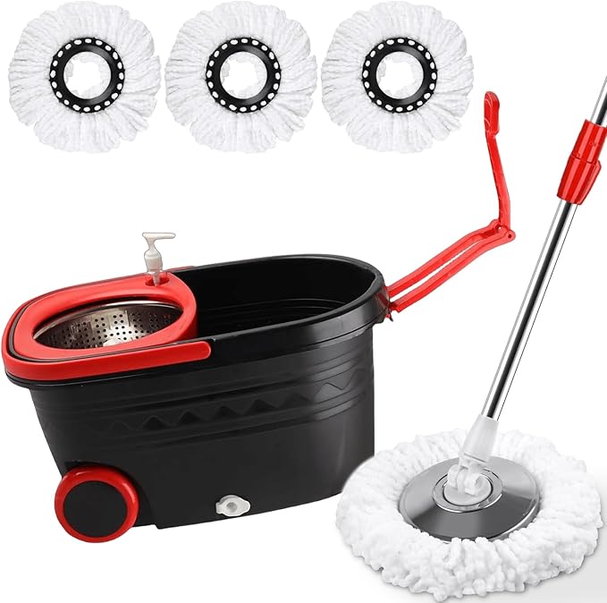 mop and Bucket Set with Wringer - 360° Rotating Mop Bucket Floor Cleaning System on Wheels, 3 Microfiber Mop Refills for Fast Cleaning, Extendable 61"" Stainless Steel Handle, Black&red