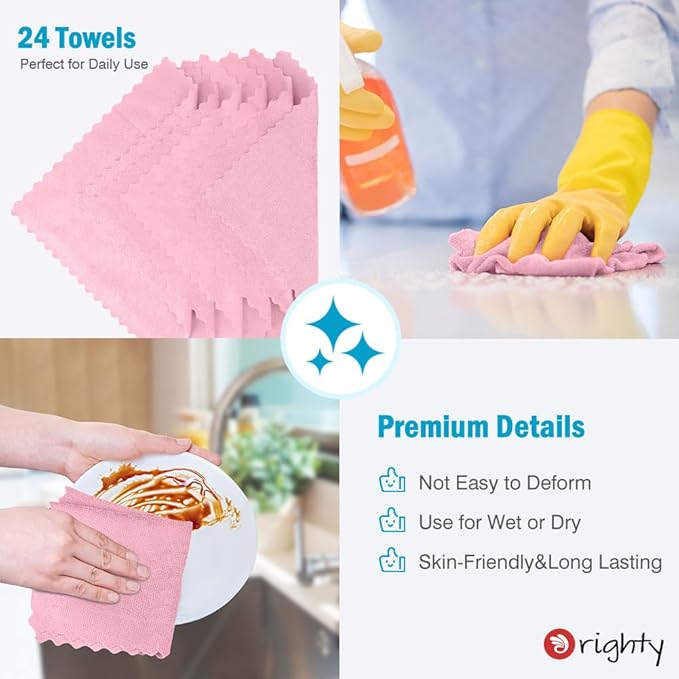 Orighty Microfiber Cleaning Cloth, 24 Pack Highly Absorbent Cleaning Supplies, Reusable Clean Rags for House, Microfiber Cloth for Kitchen, Window, Car Care, 11.5x11.5 inch Pink