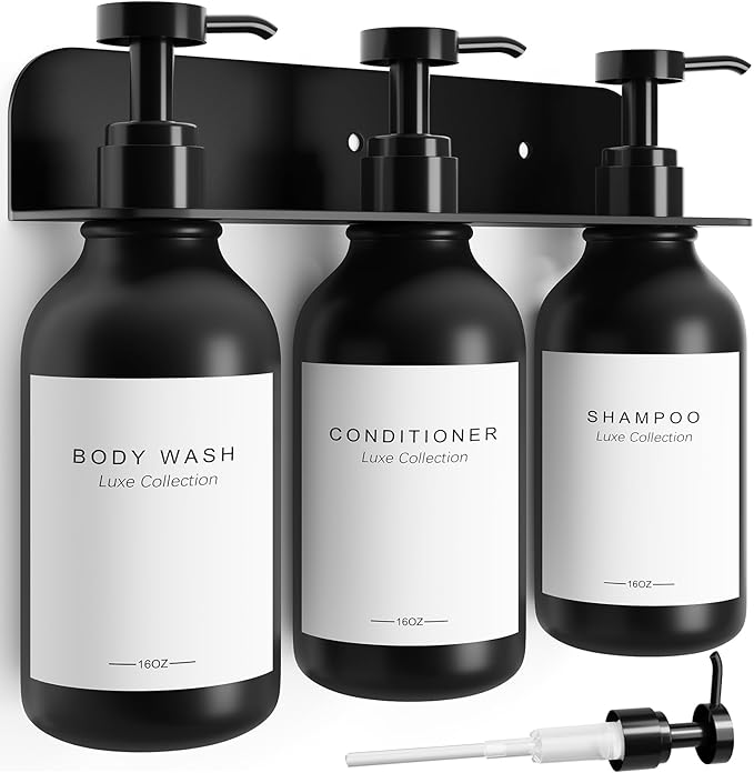 Refillable Shampoo and Conditioner Dispenser Set of 3 - Wall Mounted No Drill Pump with Bottles, 3 Chamber for Shower Soap and Body Wash Dispenser with Labels, Matte Black Bottle for Bathroom (16oz)