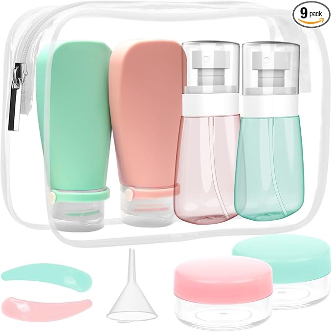 RELANOR Pack of 9 Travel Bottle Set - TSA Approved Leakproof Toiletry Kit - Perfect For Travel, Toners, Skincare, and Cosmetics