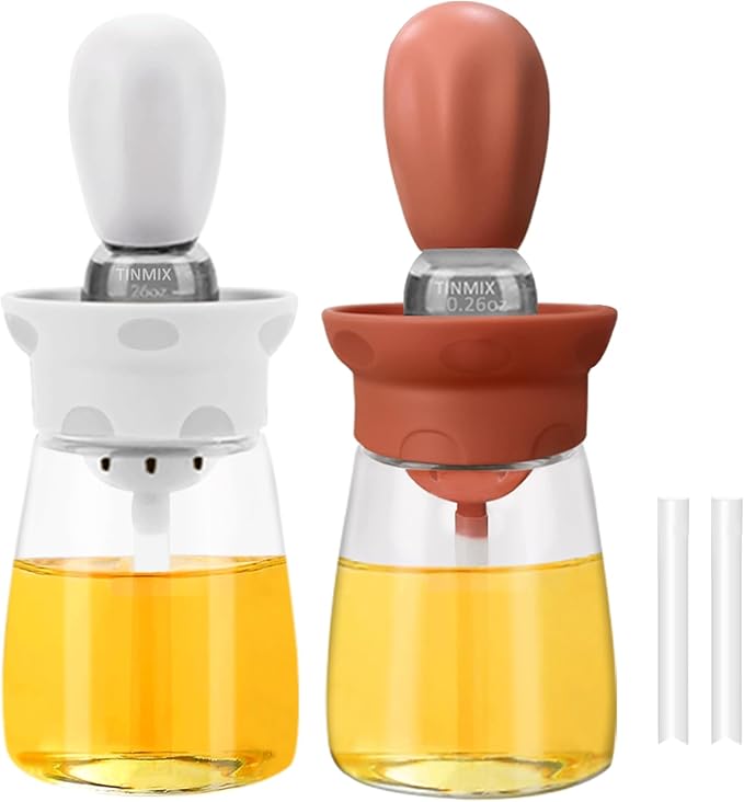 TINMIX Oil Dispenser with Brush - 2 Pack Glass Olive Oil Dispenser Bottle for Kitchen with Silicone Basting Brush BBQ Grilling Baking Cooking, T-OB22, White+Red