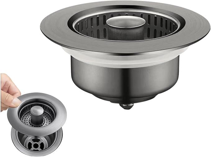 Kitchen Sink Drain Stopper & Strainer Combo, Universal Stainless Steel Sink Drain Stopper (Grey, Fewer holes)