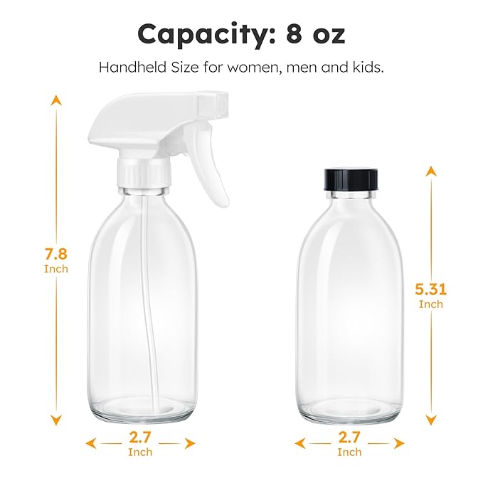 Tecohouse Glass Spray Bottle 8 oz, Clear Small Empty Refillable Sprayer Container with Labels, Funnel, Lids, Graduated Pipettes - Handheld Size