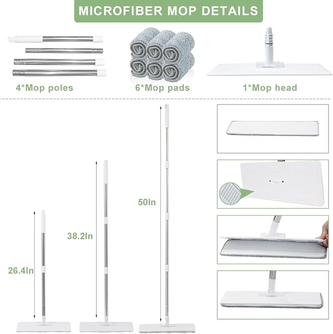 CQT Self-Wringing Mop and Bucket Set for Home Long Handle Flat Mop with 6 Washable Microfiber Pads