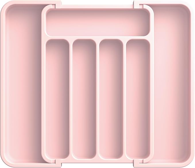 Aujen Silverware Organizer - Expandable Kitchen Drawer Organizer, Adjustable Utensil Organizer, Cutlery Tray for Forks, Knives, Multipurpose Kitchen Organizers and Storage Solution, Pink, Medium