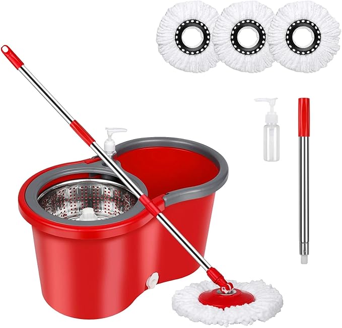 Spin Mop and Bucket Set with Wringer,360° Spinning Mop,for Floor Cleaning,with Adjustable Handle and3 Microfiber Mop Replacement Heads (Red)