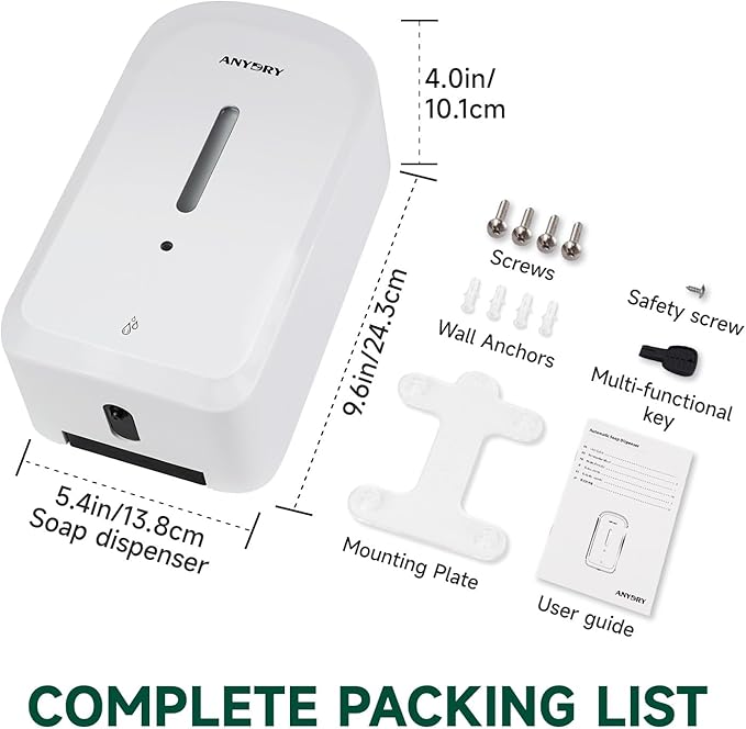 anydry Commercial Automatic Soap Dispenser Large 34oz/1000ml Capacity Wall-Mounted Touchless Liquid Dispenser for High-Traffic Restrooms, Offices, Hospitals Model AD1220S White