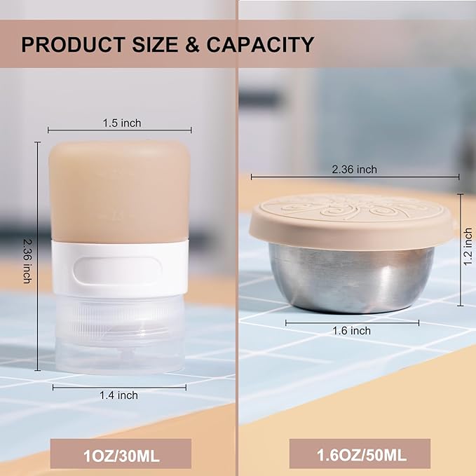 MICEBAY 8-Pack Salad Dressing Container To Go, 1-oz Silicone Small Condiment Squeeze Bottles and 1.6 oz Stainless Steel Sauce Containers Cups