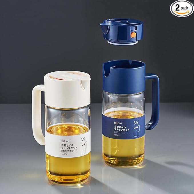 liflicon Olive Oil Dispenser Bottle 18.5 oz, Drip-Free Spout & Auto Flip Top, Glass Oil and Vinegar Dispenser for Kitchen, Soy Sauce Bottle, Cooking Oil Dispenser with Pour Spout (Blue & White)