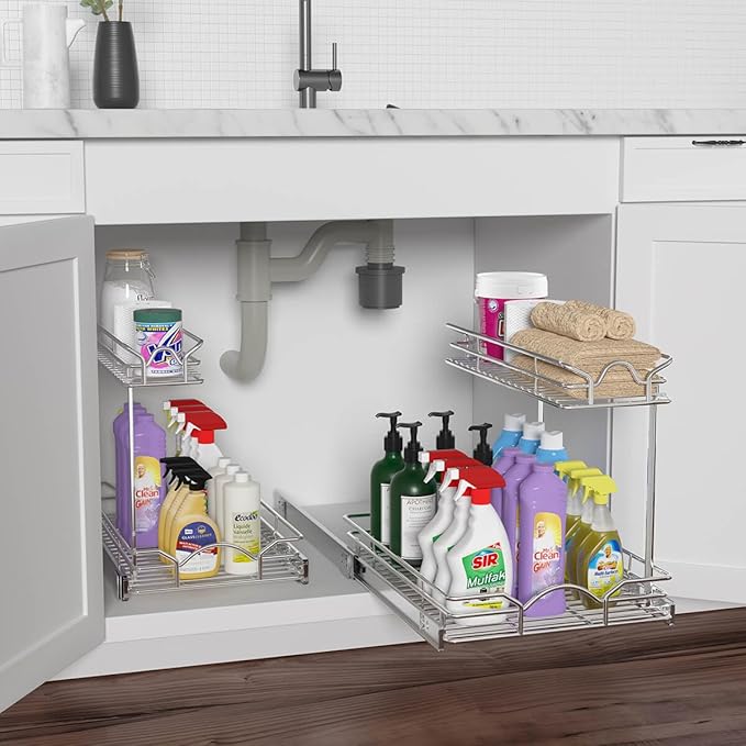 Under Sink Cabinet Organizer Two Tier Pull Out Shelf (14.75W x 17D)