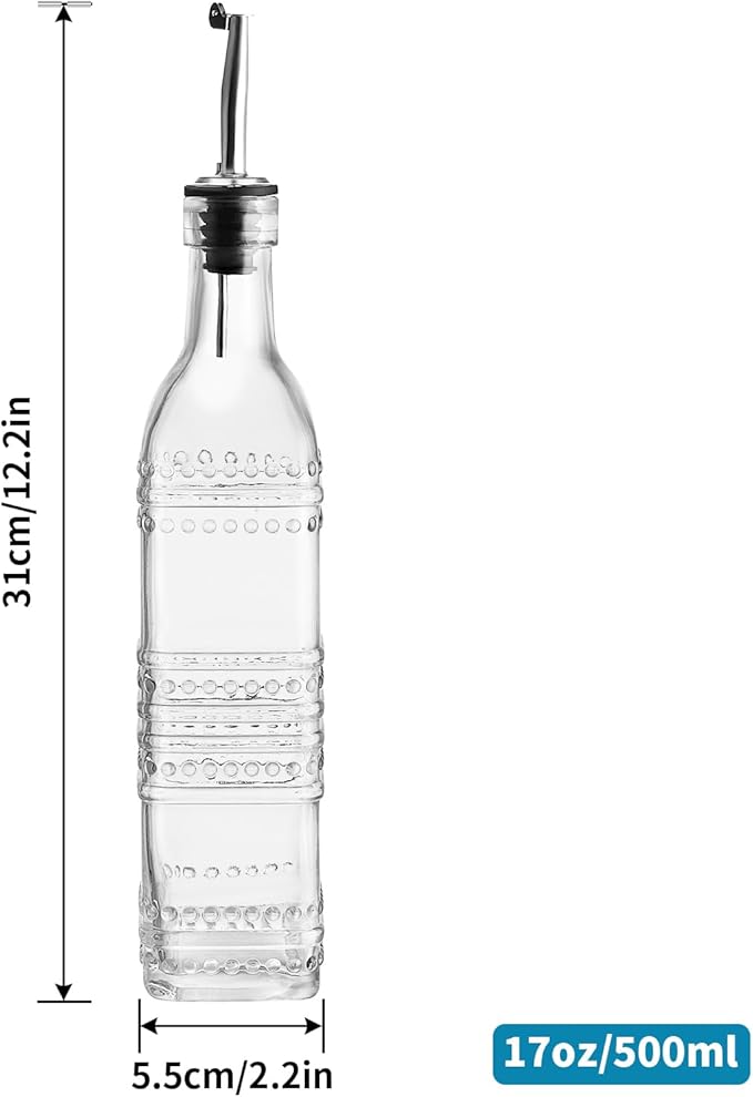 MDLUU Oil and Vinegar Dispenser Set, 17oz Clear Glass Olive Oil Bottles, Kitchen Vinegar Decanters with 3 Spouts, 3 Plugs, 1 Funnel, Pack of 3