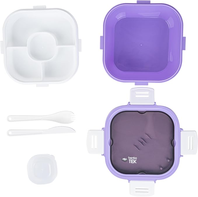 Restaurantware-Bento Tek 57.5 Ounce Bento Box, 1 Reusable Lunch Container - With Fork And Knife, Does Not Contain BPA, Purple And White Plastic Reusable Lunch Box, Microwavable, Dishwashable