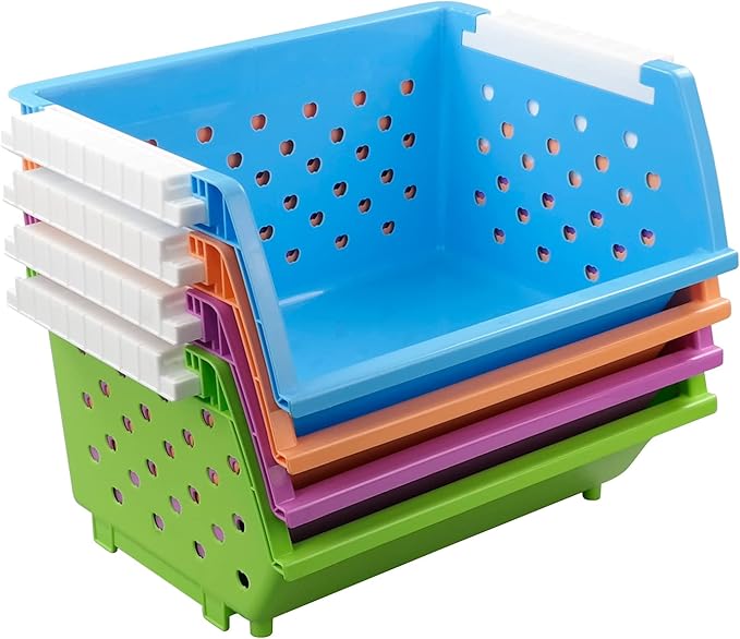 Asking 4-Pack Colorful Plastic Stackable Kitchen Storage Basket, Stacking Organizer Bin