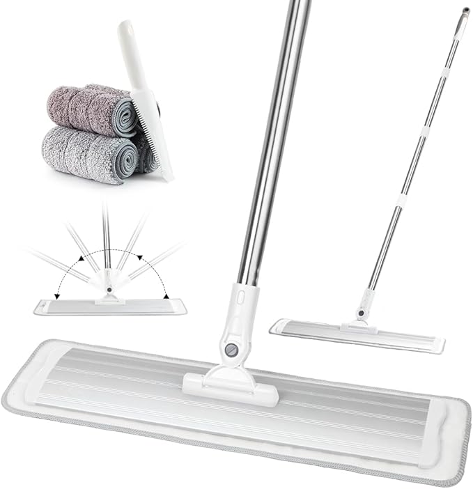 CQT Commercial Flat Microfiber Floor Mop Cleaning System 18" Inch Wet Dry and Dust Hardwood with 4 Washable Pads Cleaner for Laminate Tile Stainless Steel Handle and Extension (PT12-WET)