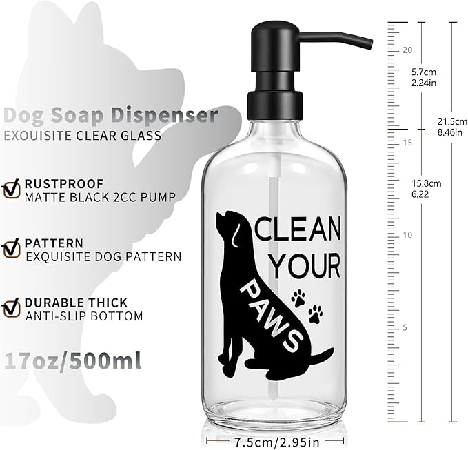 Black Dog Soap Dispenser 17 oz Clear Glass Hand Soap Bottle with 304 Stainless Steel Pump for Bathroom or Kitchen Countertop Dog Lover Gift Idea