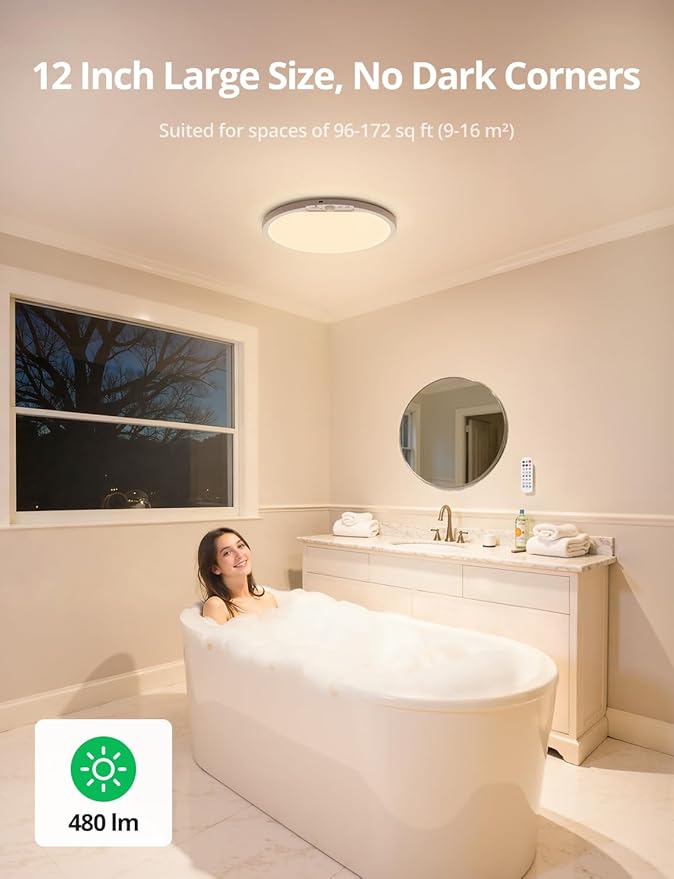 Bojim 10000mAh Battery Operated Ceiling Light with Remote, Rechargeable Wireless Waterproof Shower Light with RGB Backlight, 12 Inch Dimmable Hallway Lamp Motion Sensor for Room Closet Pantry Garage