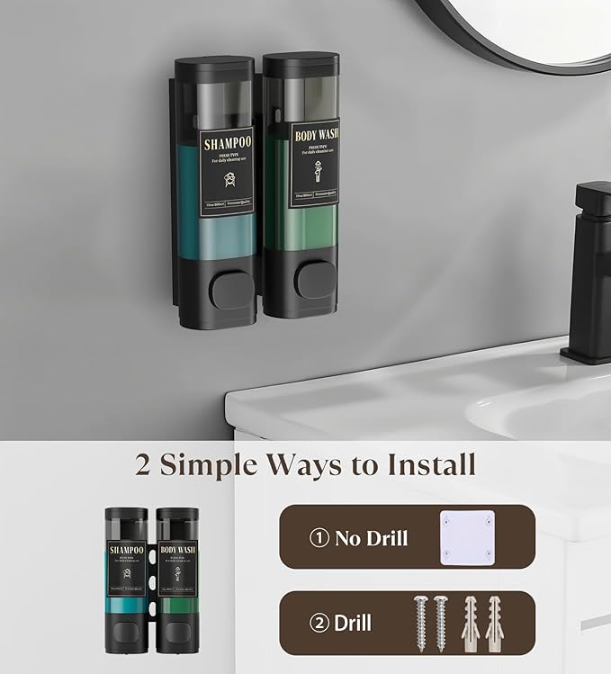 Luxspire Shampoo and Conditioner Dispenser, No Drill Wall Mounted Shower Soap Dispenser 2 Chamber with Waterproof Labels, Easy Refill Soap Dispenser for Bathroom Hotel Kitchen, Black