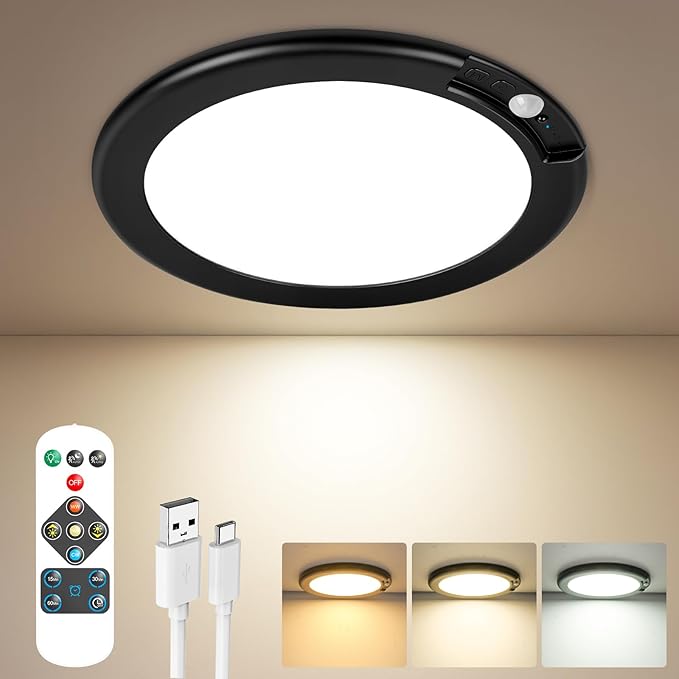 Rechargeable Motion Sensor Ceiling Lights with Remote, Battery Operated Ceiling Lights No Wiring, Wireless LED Ceiling Lights, 3 Colors Dimmable Overhead Lamps for Closet Shower Pantry Hallway, Black