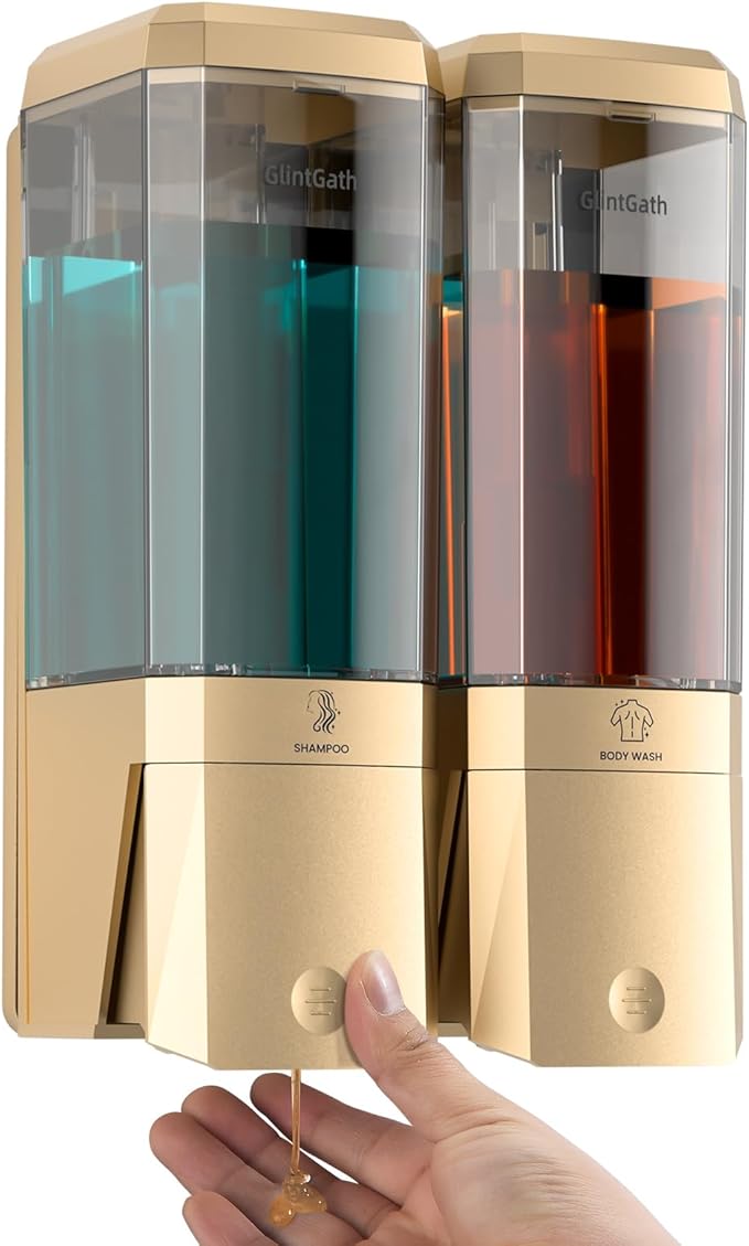 Shampoo and Conditioner Dispenser,Shower Dispenser 2 Chamber No Drill Shampoo Dispenser for Shower Wall Mounted Shower Soap Dispenser for Bathroom Hotel,Large Capacity 2 * 500ML,Gold