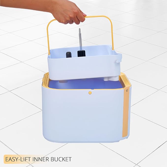 True & Tidy® TrueClean Mop and Bucket System Plus with New Easy Lift Inner Bucket, Self Wringing, Separates Clean from Dirty Water, Folding Mop Head, Dual Brush System, 4-pc Machine Washable Pads
