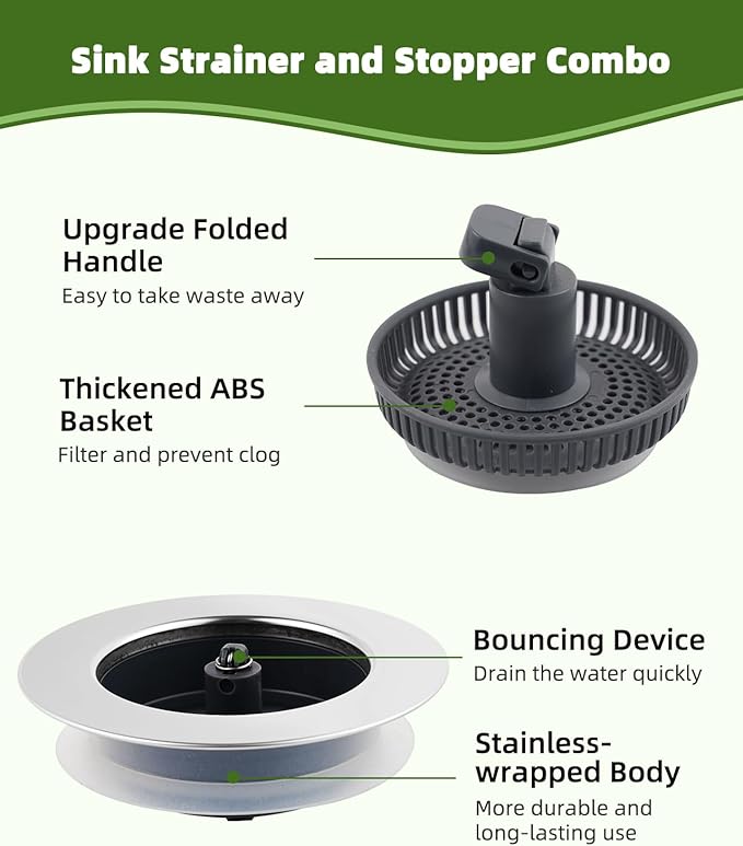 Universal 3-in-1 Kitchen Sink Strainer Stopper Pop Up Sink Drainer with Upgrade Folded Handle, for US Standard 3-1/2 inch Drain Filter