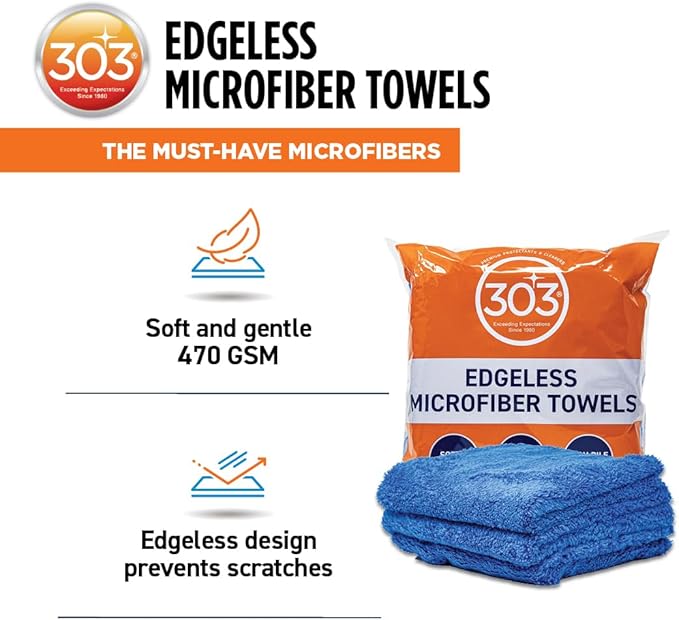 303 Products Edgeless Microfiber Towels for Car Detailing, Home Cleaning- 3 Pack Premium Reusable Edgeless Microfiber Cleaning Cloths Stitch-Free