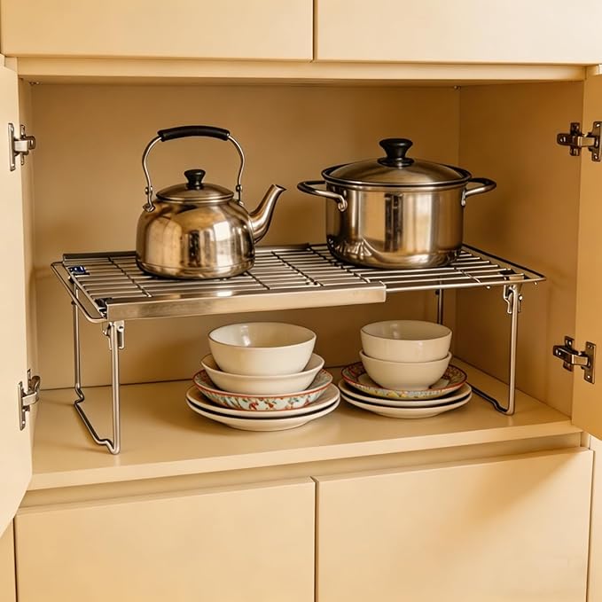 Orgneas Expandable Cabinet Shelf Organizer, Adjustable Freezer Shelf 15.8"-22" Thickened Heavy Duty Organizer and Storage Shelves for Kitchen Cabinet Pantry Refrigerator, 2 Pcs