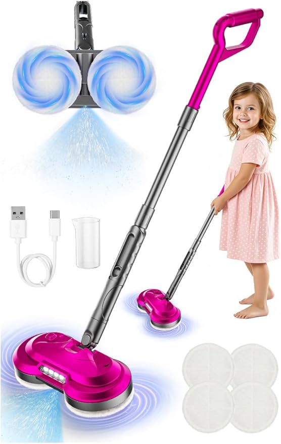BLAXTEM Kids Electric Spray Spin Mop Toy, Rechargeable Cordless Electric Mop W/ Water Sprayer & LED Headlight for Children Boys & Girls, Cleaning Toy for Pretend Play (Rose Red)