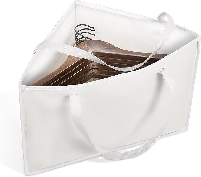 Foldable Triangle Hanger Bag with Handles, Space Saving Organisers Tidy Storage in Closets, 18" x 13" x 13.2", White, Cotton, Linen