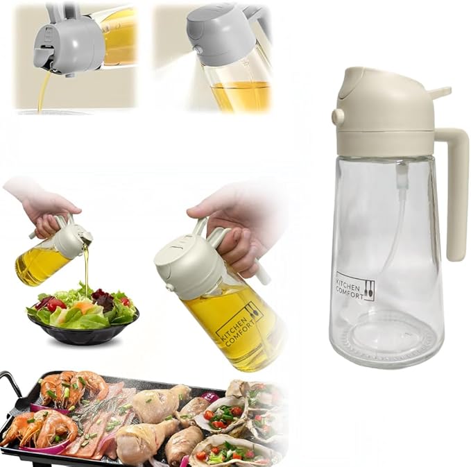 2 in 1 Oil Sprayer & Dispenser - 16oz/470ml Glass Bottle - Air Fryer, Frying, Baking, Olive Oil - Off White