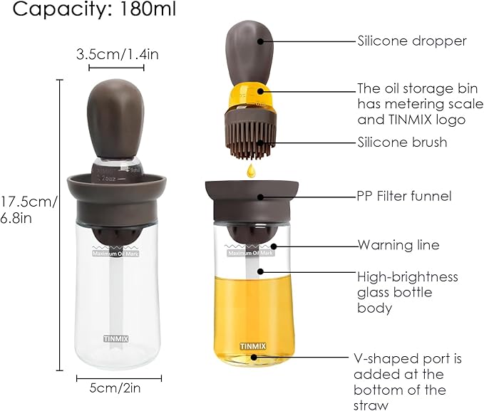 TINMIX Oil Dispenser with Brush - 2 IN 1 Glass Olive Oil Dispenser for Cooking, Upgrade T-OB21S Oil Dispensing Bottle with Silicone Basting Brush for Vinegar Sauce BBQ Grill Frying Kitchen, Brown