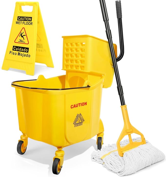 38 Qt Commercial Mop Bucket with Side Press Wringer on Wheels and Mops Set for Floor Cleaning,Including 1 Industrial Mop and Wet Floor Caution Sign,Yellow,Beyoco