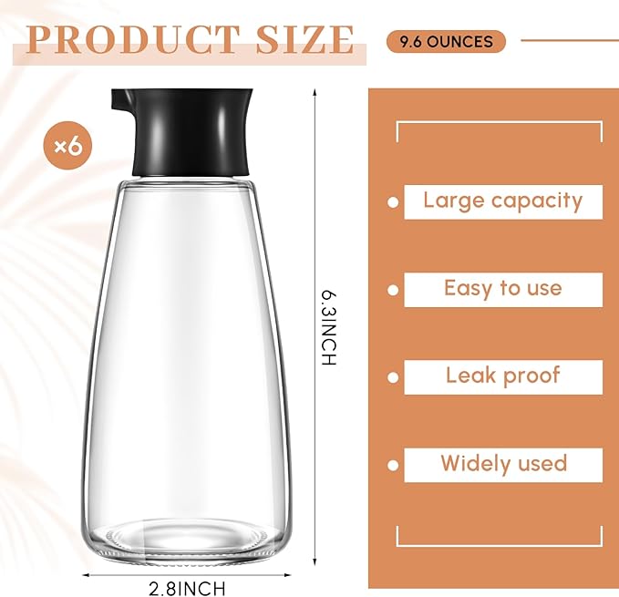 6 Pcs 9.6 oz Cruet Dispenser for Olive Oil Vinegar Soy Sauce Dispenser Bottle Glass Soy Sauce Container Oil Bottle for Kitchen Cooking Barbecue (Black)
