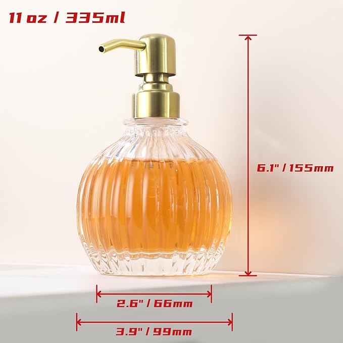Round Bathroom Soap Dispenser Gold Pump, Glass Bottle with Stainless Steel Pump Liquid Soap Dispenser Sphere Counterto Hand Kitchen