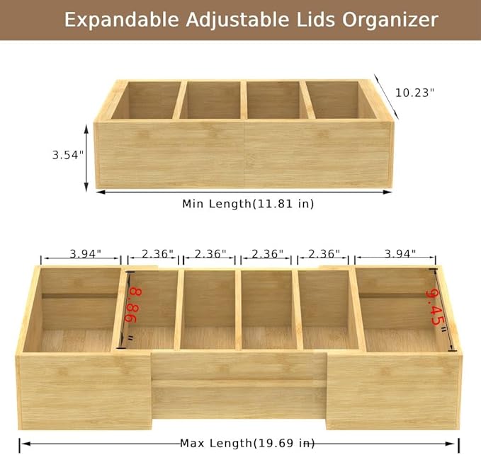 Retro Shaw Large Expandable Kitchen Lids Organizer for Cabinet, Covers, Pantry, Drawer & Countertop Storage, with 3 Adjustable Dividers, Hand-made Bamboo Food Container