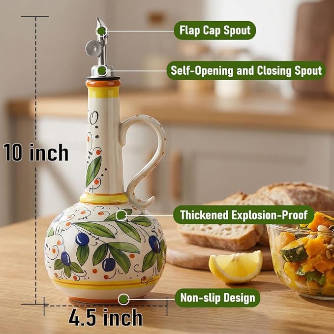 18 oz Ceramic Olive Oil Dispenser Bottle - Hand-Painted Italian Kitchen Decor Oil Cruet with 2 Spouts, Silicone Funnel, Cleaning Brush & Writable Labels - Ceramic Olive Oil Decanter for Kitchen