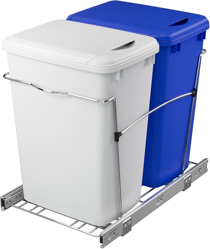 Rev-A-Shelf RV-18KD-11RC-S Double Pullout Trash Can for Kitchen Cabinets 35 Qt Garbage Recycling Bin on Full Extension Slide, Blue/White