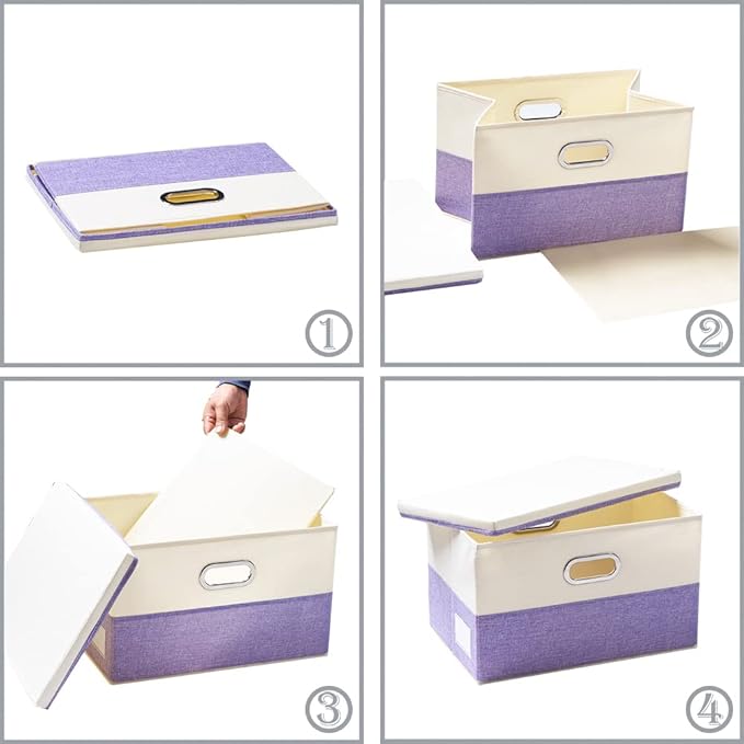 Large Foldable Storage Bins with Lids [3-Pack] linen Fabric Decorative Storage