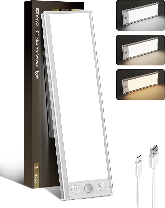EZVALO 5000mAh Under Cabinet Lighting, 200LM Motion Sensor Light Indoor, Rechargeable Magnetic Under Counter Lights, 3-Inch Wide Panel Dimmable Closet Light for Pantry, Wardrobe, Hallway, Kitchen etc.