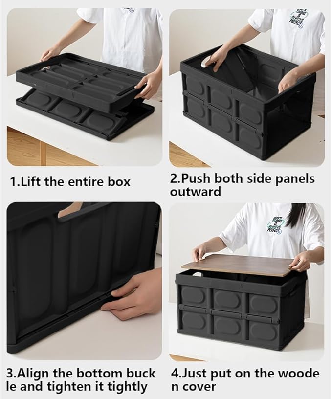 Collapsible Storage Bins Box with Lids and Handle, 30L Portable Plastic Storage Crate Containers Totes, Instacrate Stackable Foldable Camping Basket Supplies for Camp Fishing Car RV, Office (Black)