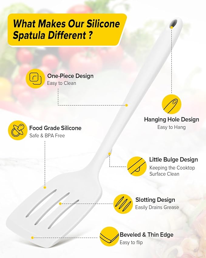 Pack of 2 Silicone Spatula Turners, Non Stick Slotted Kitchen Spatula Set, Heat Resistant BPA Free Kitchen Utensils, One-Piece Design, Suitable for Flipping Fish, Eggs, Steak, Pancakes (WHITE)