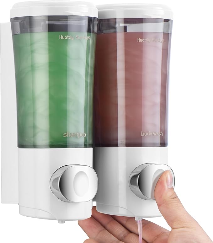 Shampoo and Conditioner Dispenser No Drill Shower Soap Dispenser Wall Mounted Shower Dispenser 2 Chamber with Upgrade Smooth Pump Head Bathroom Body Wash Soap Dispenser Set 450ml*2 White