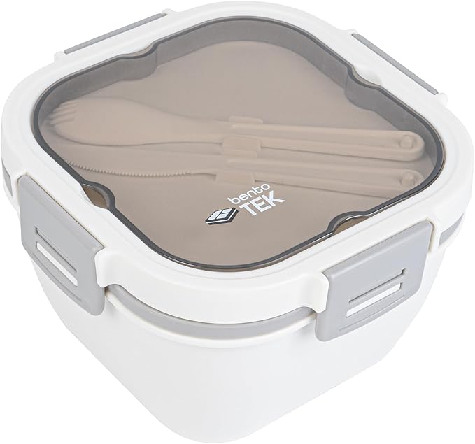 Restaurantware-Bento Tek 57.5 Ounce Bento Box, 1 Reusable Lunch Container - With Fork And Knife, Does Not Contain BPA, White And Gray Plastic Reusable Lunch Box, Microwavable, Dishwashable