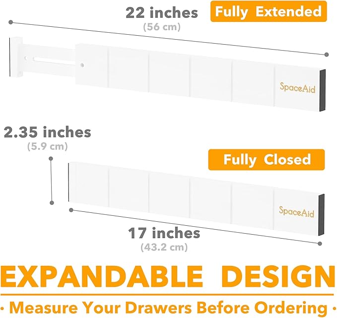 SpaceAid Bamboo Drawer Dividers with Inserts and Labels, Kitchen Adjustable Drawer Organizers, Expandable Organization for Home, Office, Dressers, 10 Dividers with 24 Inserts (17"-22" White)
