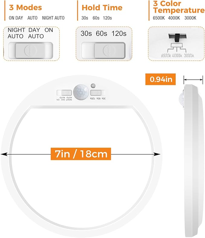 slochi Motion Sensor Light Indoor Hardwired PIR, 3000K/4000K/6500K LED Closet Lights Motion Sensored, 15W 1500LM 7 in, Timer, Motion Activated Flush Mount Ceiling Light for Hallway Wall Pantry, White